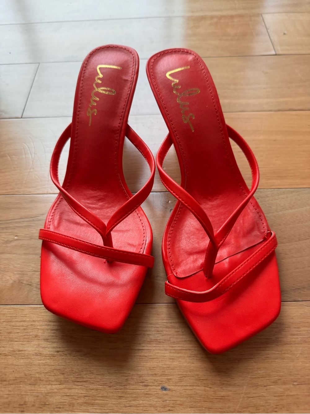Lulu's Red Strappy Square-Toe Slide Heels